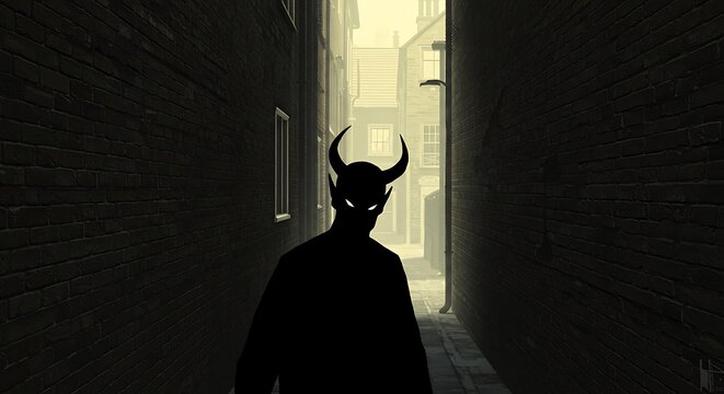 Silhouette of a horned figure in a dark alleyway with ominous lighting