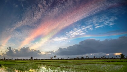 Iridescent cirrus clouds in a bright blue sky over rural rice fields in the daytime
