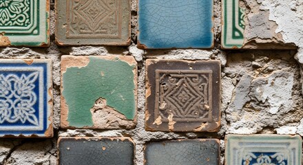 Textured wall featuring a mosaic of aged, decorative ceramic tiles with intricate patterns, highlighting realistic worn textures and the rich, historical artistry of an old surface