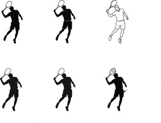 Tennis player silhouette, male athlete serve pose, sports action vector, black outline illustration, dynamic movement, racket swing, competitive match concept