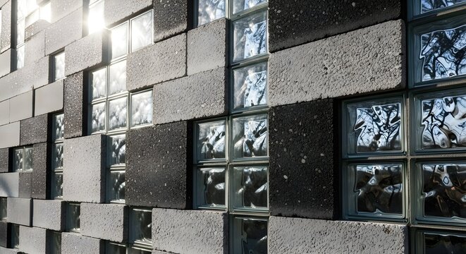 Textured modern architectural wall design featuring contrasting concrete blocks and light-transmitting glass bricks, creating a dynamic surface with visual depth and a contemporary aesthetic