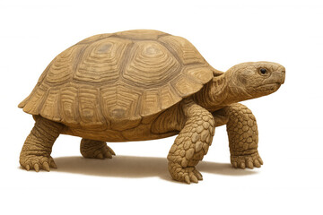 Fototapeta premium African spurred tortoise standing, looking right, with textured shell, isolated on transparent background