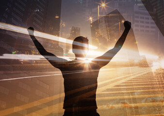 People Never giving up, reaching your goals. Man in the city feeling determined and strong.	
