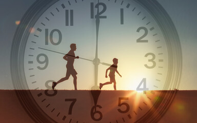 Time to get fit active man and child running exercising, family active healthy lifestyle concept 