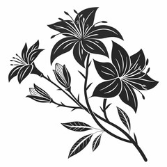Elegant black silhouette of a lily branch with blooming flowers and buds