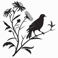 Elegant silhouette of a bird perched on a branch amidst delicate flowers