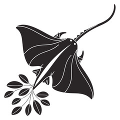 Stylized black silhouette of a majestic stingray with a delicate branch of leaves
