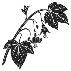Elegant black silhouette of a flowering branch with fuchsia blossoms and leaves
