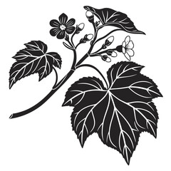 Elegant black and white silhouette of a flowering plant with detailed leaves and buds