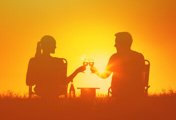 young couple drinking wine celebrating at sunset