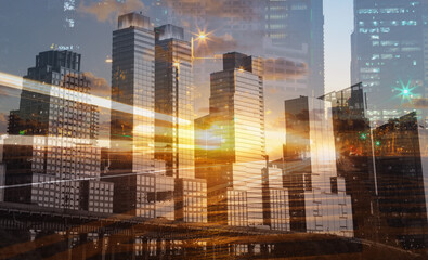 Double exposure of Newyork City and trails of lights blurred motion 