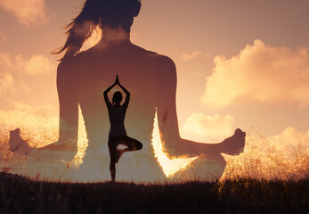 Silhouette of a Woman Practicing Yoga Meditation at Sunset Finding Inner Peace and Balance