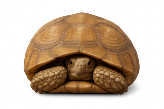 Sulcata tortoise looking out from its shell, head peeking, representing shyness, protection, and slowness on transparent background