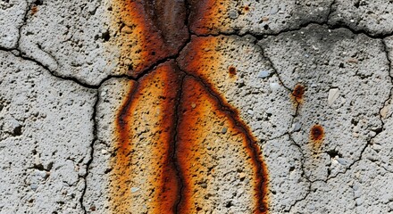 Gritty texture of a weathered concrete wall, marked by deep, intricate cracks and vivid, streaking rust stains, illustrating the raw decay and aged industrial aesthetic