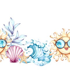 Vibrant summer seamless pattern featuring sun, waves, seashells, and tropical elements as a cheerful background or wallpaper design for festive occasions