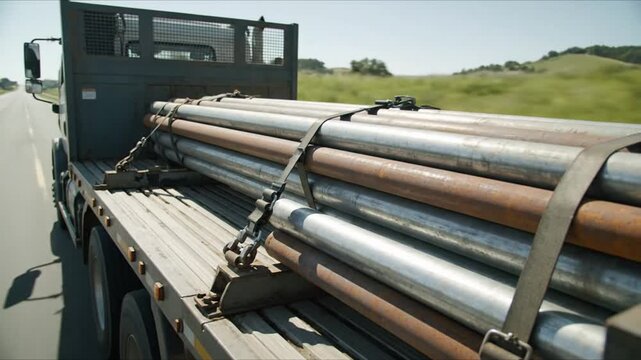 Flatbed truck carrying pipes on a highway