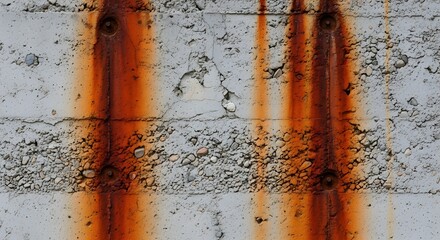 Gritty, weathered concrete wall exhibiting striking vertical rust stains and detailed rough texture. A strong industrial background with an abstract pattern of decay and earthy orange-brown hues