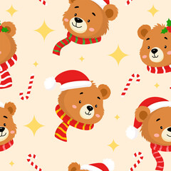 Cute grizzly bear with Christmas theme seamless pattern for background 