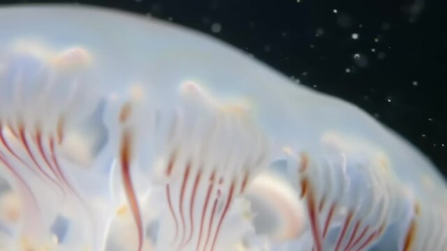 Close up of translucent jellyfish swimming in deep water with patterns