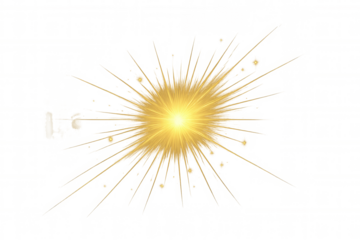 Bright yellow glowing sunburst light effect with radiating rays and sparks, transparent background