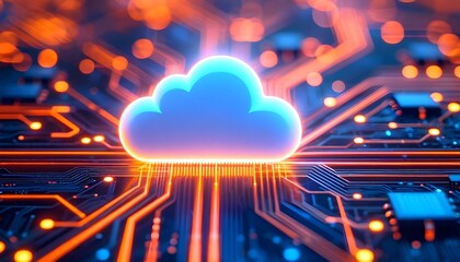 A glowing blue cloud icon hovers above a circuit board with orange and blue lights, symbolizing cloud computing and digital technology.