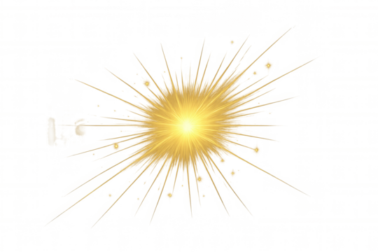 Bright yellow glowing sunburst light effect with radiating rays and sparks, transparent background