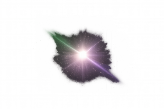 Abstract starburst glow effect with green and purple lens flare streaks on transparent background