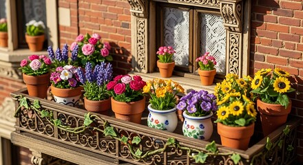 Miniature flower balcony adorned with vibrant floral displays on old brickwork