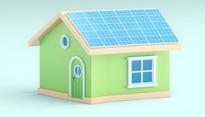 Green house with solar panels on the roof, 3D rendering.