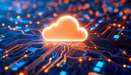 Glowing orange cloud symbol illuminating a futuristic blue digital circuit board, representing cloud computing and data technology.