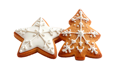 Festive Holiday Cookies: Delight in the holiday spirit with intricately decorated gingerbread cookies shaped like a star and a Christmas tree, radiating warmth and cheer.