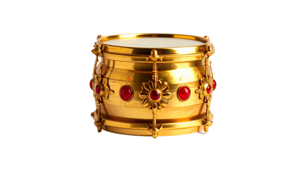 Golden Drum: A close-up shot of a decorative, golden drum. Embellished with ruby-like gemstones, it radiates elegance and sophistication. The drumhead gleams.