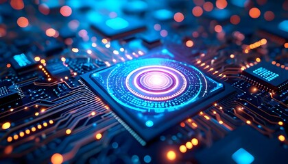 Close-up of a computer chip with glowing blue and orange lights.