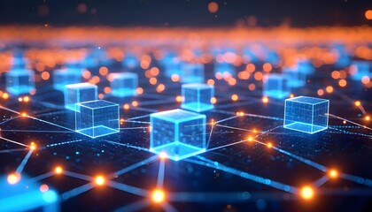Abstract blockchain network with glowing nodes and interconnected cubes.