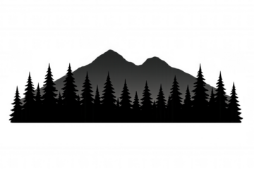 Forest and mountain landscape silhouette with pine trees, outdoor nature scenery, transparent background