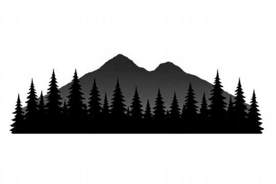 Forest and mountain landscape silhouette with pine trees, outdoor nature scenery, transparent background