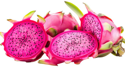 Pink Dragon Fruit Halves and Whole isolated on a transparent background