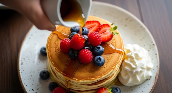 Delicious stack of pancakes being drizzled with syrup and fresh fruits - Powered by Adobe