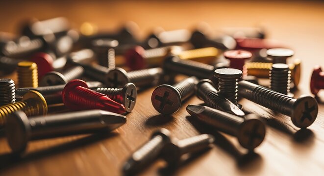 Detailed view of diverse screws scattered randomly on wooden surface