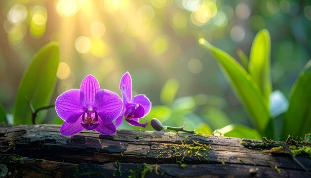 Stunning vibrant purple orchids bloom gracefully on weathered wood, bathed in soft golden sunlight, evoking serenity and natural beauty for tranquil scenes.
