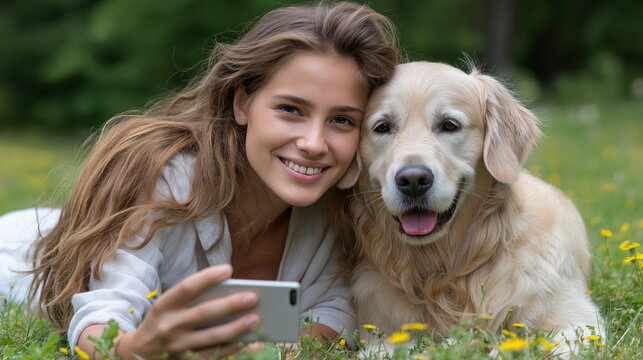 Happy woman taking selfie with golden retriever in sunny park, enjoying joyful moment together surrounded by flowers - Powered by Adobe