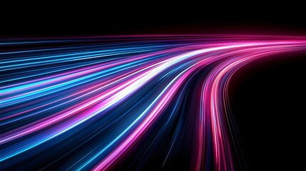 The image displays dynamic, curved light streaks in vibrant shades of blue, pink, and white against a stark black background, conveying movement and a modern aesthetic.