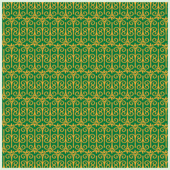 Elegant traditional ornament pattern with golden floral swirls on a green background, creating a seamless decorative design for textiles and wallpapers.