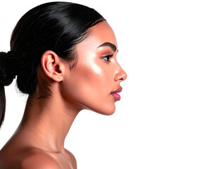 Profile Portrait of Brunette Woman Isolated on White Background

