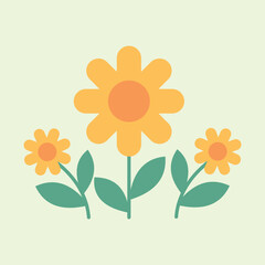 Minimalist flat design illustration of three yellow flowers with green leaves on a light background, representing nature, freshness, and simplicity in floral art.