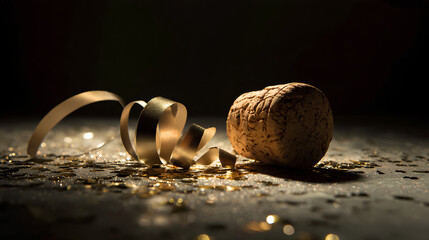 Champagne cork gold ribbon glitter celebration low key sparkle party festive shadow closeup create warm joyful mood with elegant detail and soft light on dark background