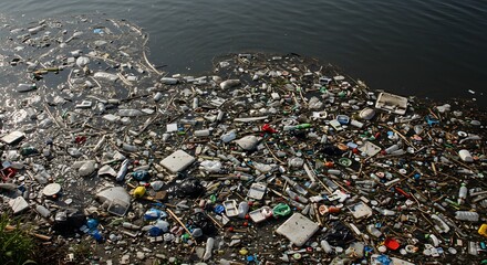 Pollution in water waste trash and debris floating on the surface