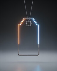 Neon price tag chrome frame glowing outline minimal design futuristic style gradient light pendant blank label suspended dark background. Sleek mood with cool warm glow for modern retail concept
