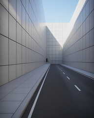 Minimalist urban canyon modern architecture concrete wall empty road perspective shadow sunlight blue sky geometric pattern symmetry. Quiet city alley with clean lines and strong vanishing point