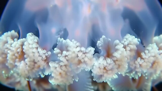 Close up view of a translucent jellyfish with vibrant bioluminescent qualities